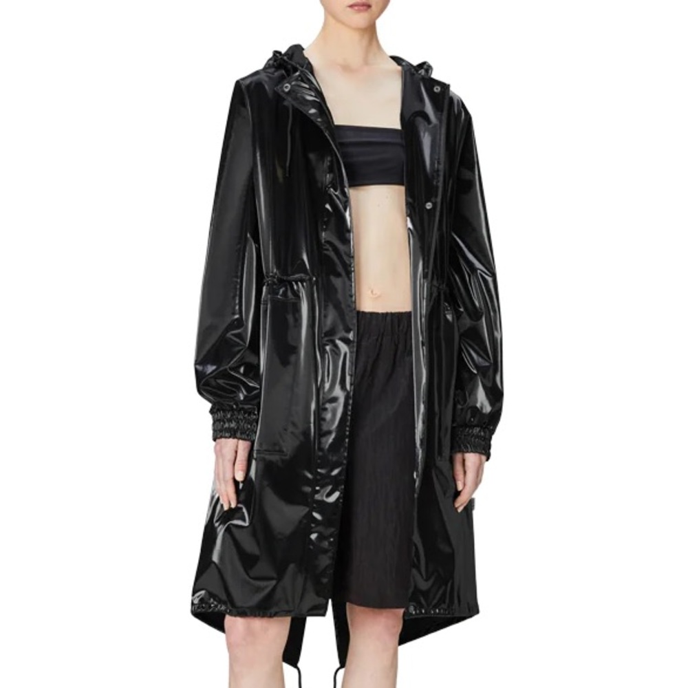 Rains String W Parka Black High-Gloss Hooded Rain Coat in Night